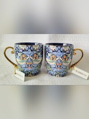 William Morris & Co Strawberry Thief Navy Blue Gold Rim Mugs Set of 2